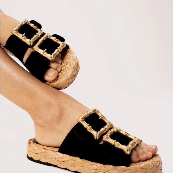 SCHUTZ Black and Gold Buckle Sandals - Picture 1 of 4